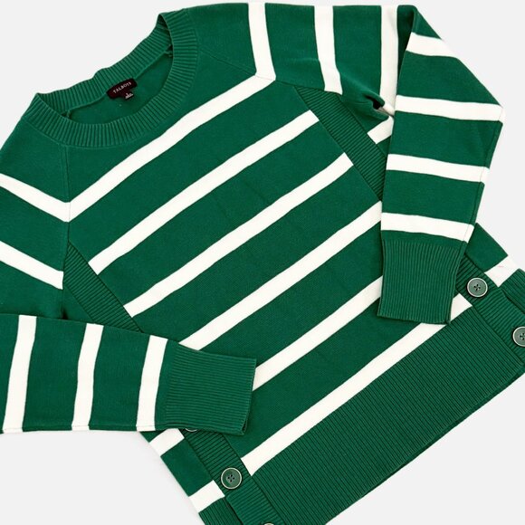 Talbots Button Detail Crew Neck Knit Sweater Green/White Stripe S - Picture 1 of 8